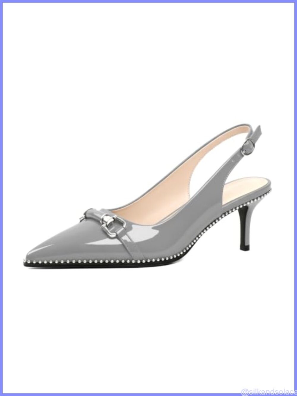 Slingback Kitten Heels Pointed Toe Beaded Horsebit Buckle Pumps Faux Leather